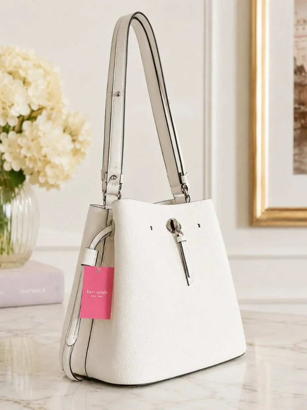 Kate Spade Small Bucket Bag White Dove Pebbled Leather Turn Lock NWT